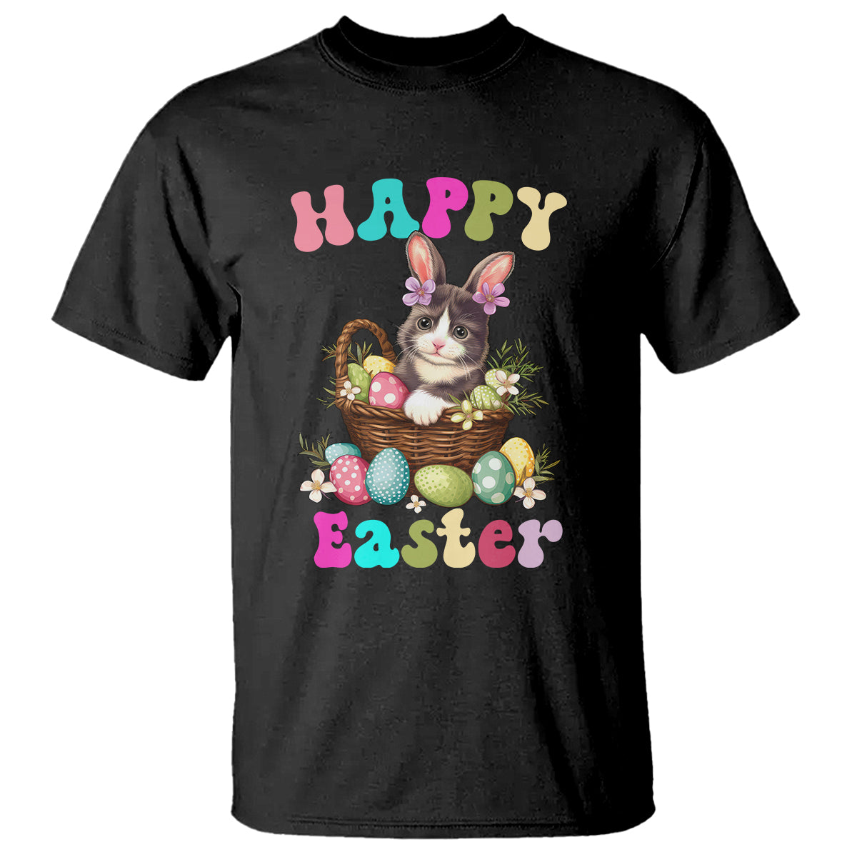 Black short-sleeve T-shirt with cat-and-bunny Easter egg basket graphic, 'Happy Easter'.