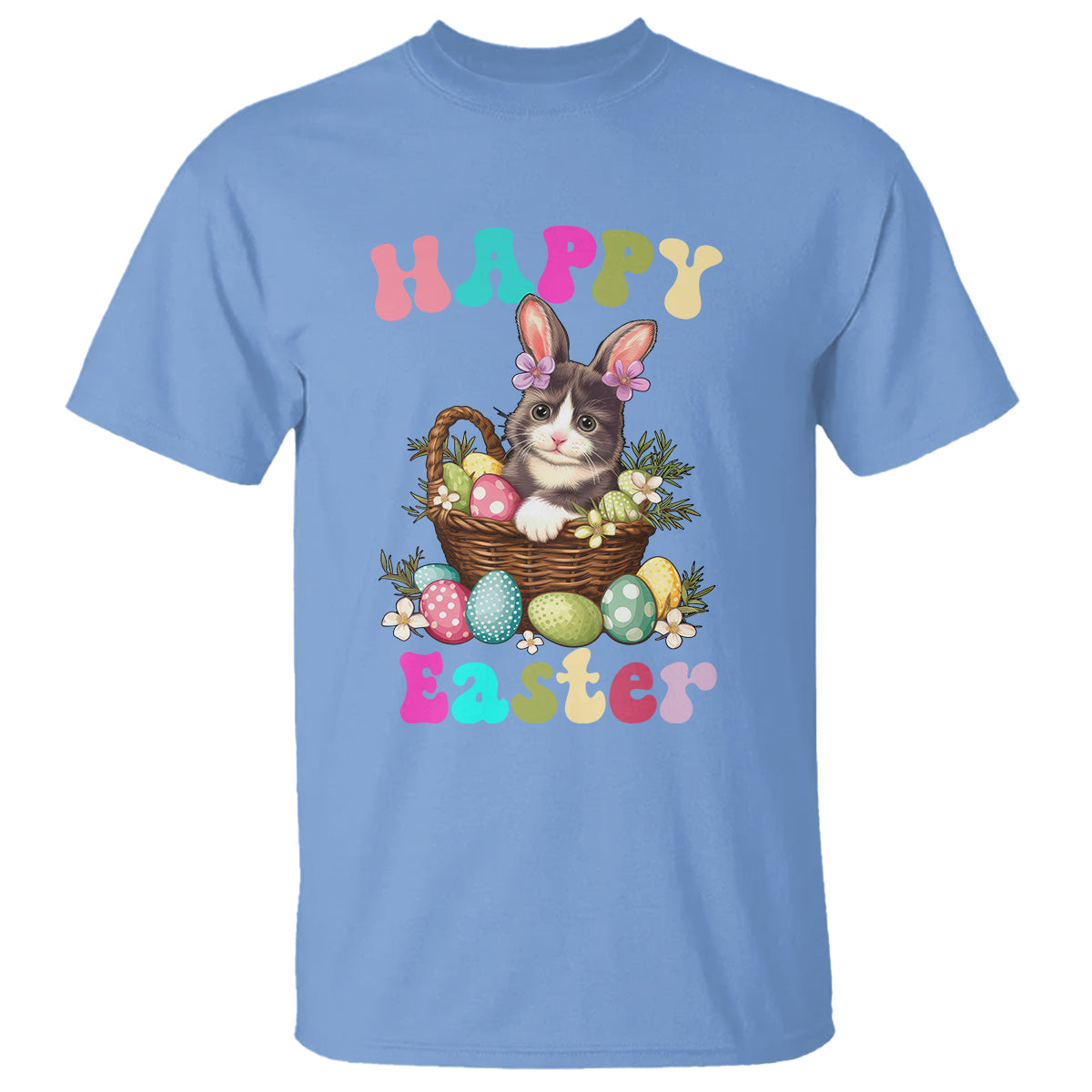 Carolina blue short-sleeve T-shirt with cat-and-bunny Easter egg basket graphic, 'Happy Easter'.