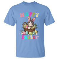Carolina blue short-sleeve T-shirt with cat-and-bunny Easter egg basket graphic, 'Happy Easter'.