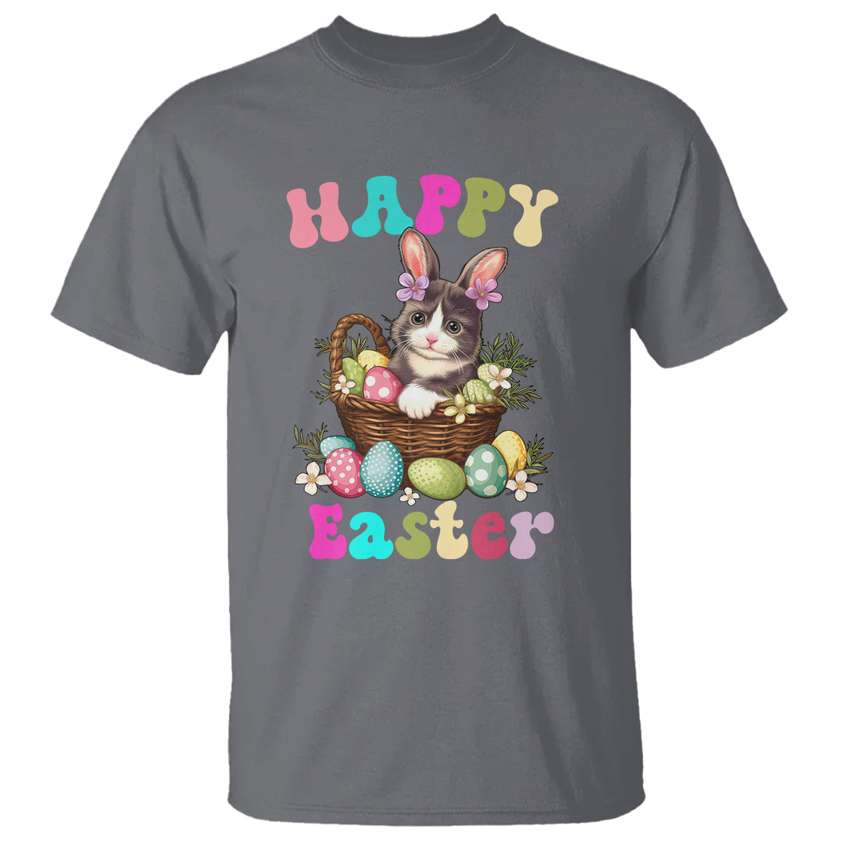Charcoal gray short-sleeve T-shirt with cat-and-bunny Easter egg basket graphic, 'Happy Easter'.