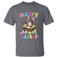Charcoal gray short-sleeve T-shirt with cat-and-bunny Easter egg basket graphic, 'Happy Easter'.
