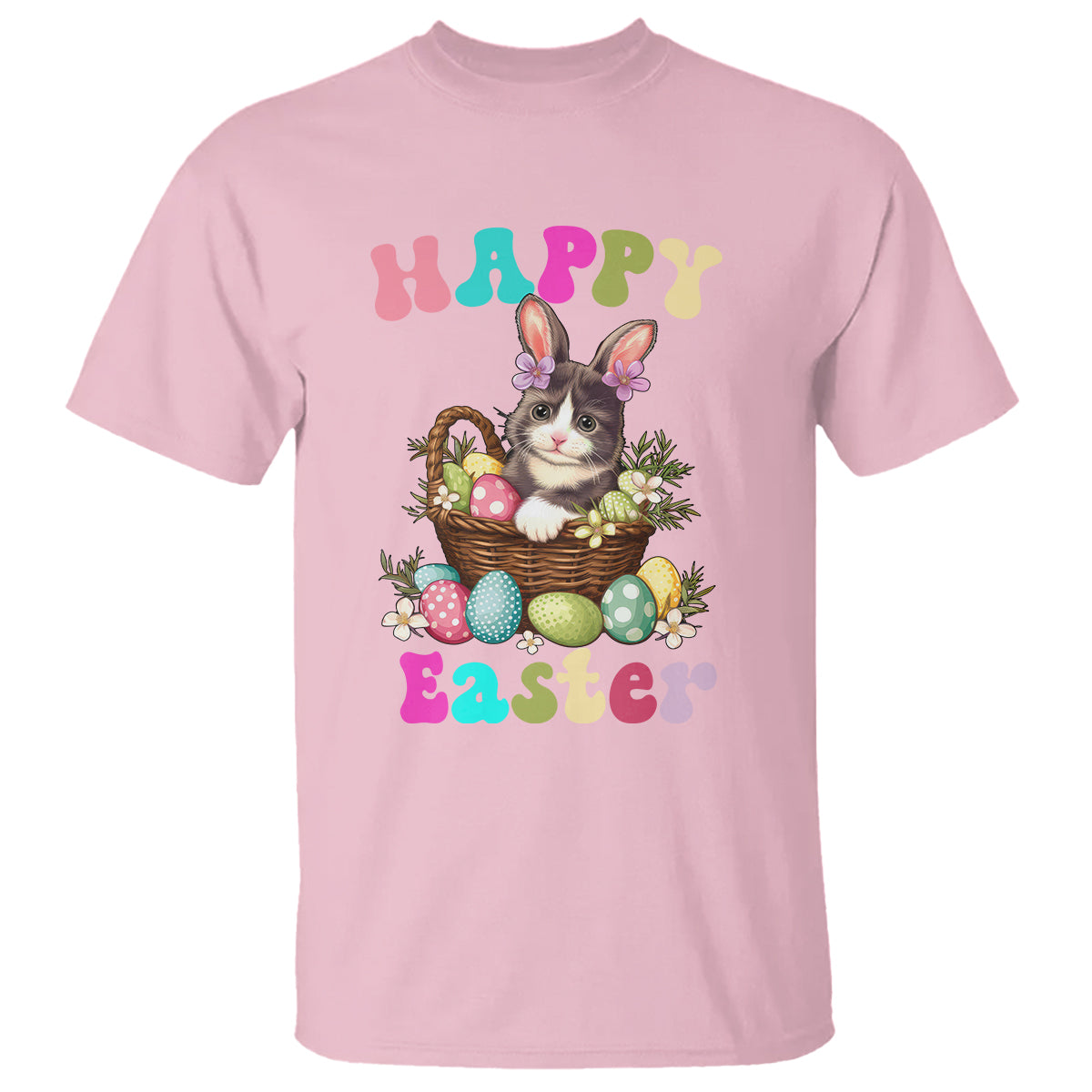 Light pink short-sleeve T-shirt with cat-and-bunny Easter egg basket graphic, 'Happy Easter'.