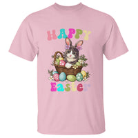 Light pink short-sleeve T-shirt with cat-and-bunny Easter egg basket graphic, 'Happy Easter'.
