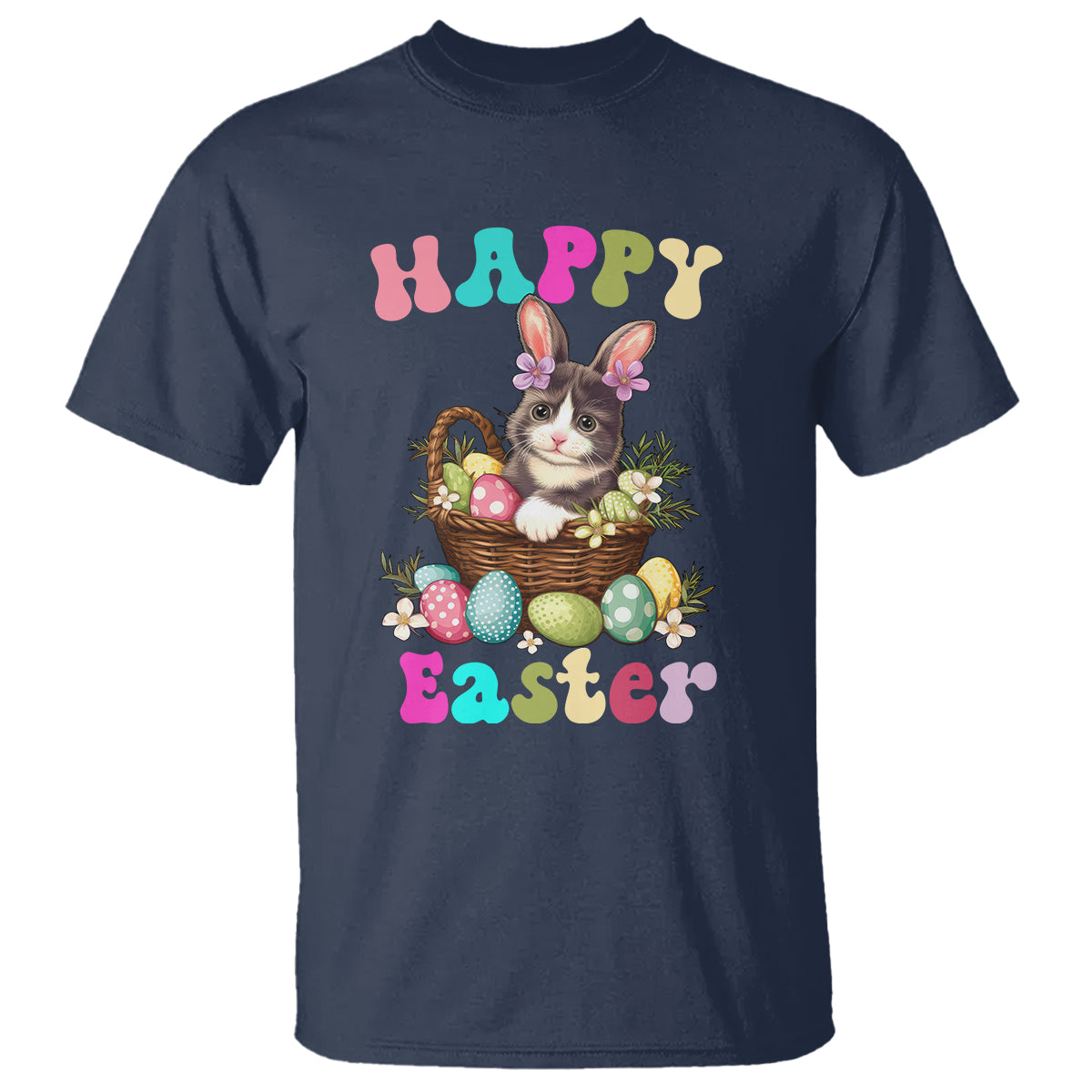 Navy short-sleeve T-shirt with cat-and-bunny Easter egg basket graphic, 'Happy Easter'.