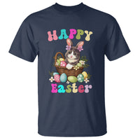 Navy short-sleeve T-shirt with cat-and-bunny Easter egg basket graphic, 'Happy Easter'.