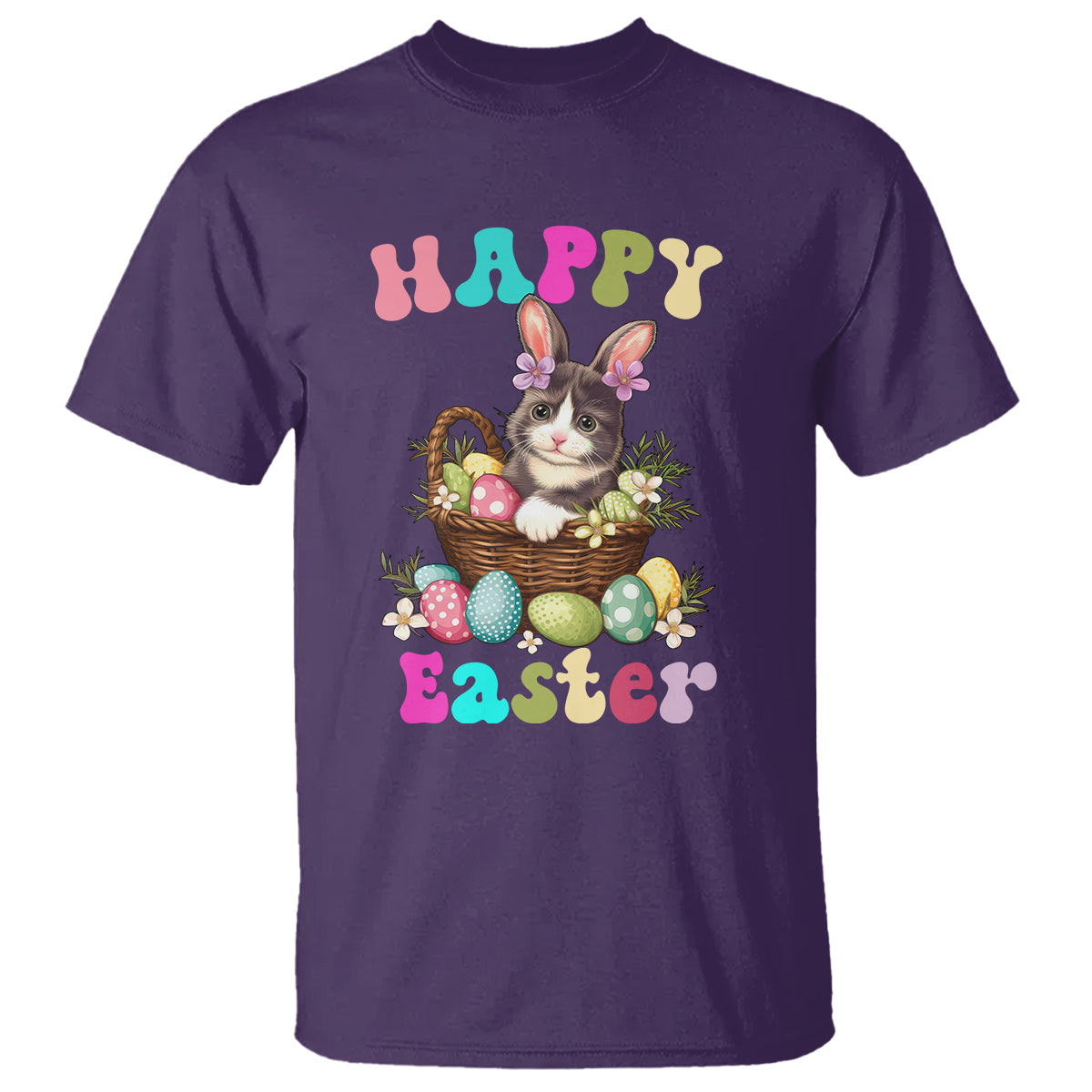 Purple short-sleeve T-shirt with cat-and-bunny Easter egg basket graphic, 'Happy Easter'.