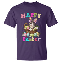 Purple short-sleeve T-shirt with cat-and-bunny Easter egg basket graphic, 'Happy Easter'.