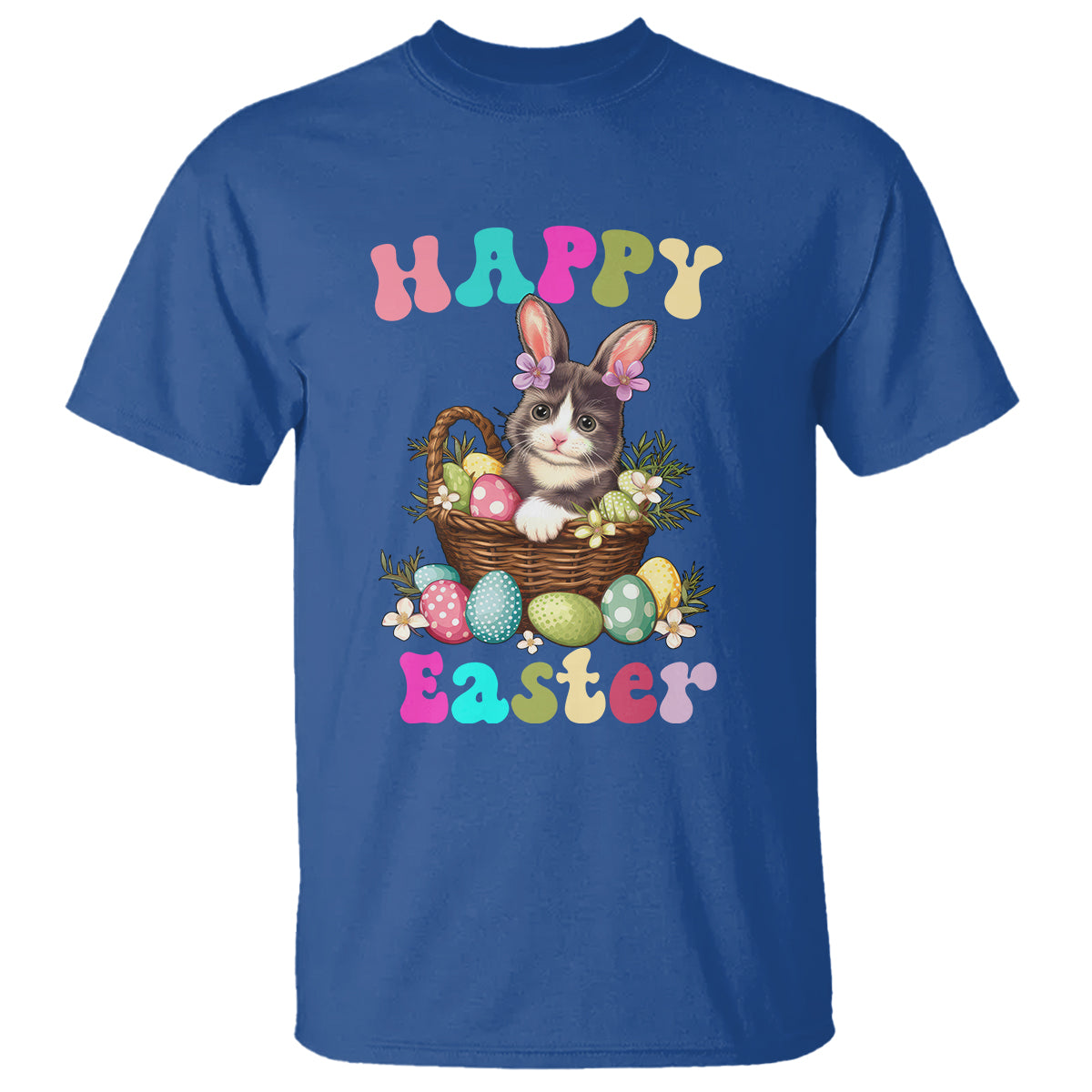 Royal blue short-sleeve T-shirt with cat-and-bunny Easter egg basket graphic, 'Happy Easter'.