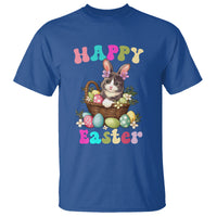 Royal blue short-sleeve T-shirt with cat-and-bunny Easter egg basket graphic, 'Happy Easter'.