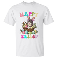 White short-sleeve T-shirt with cat-and-bunny Easter egg basket graphic, 'Happy Easter'.
