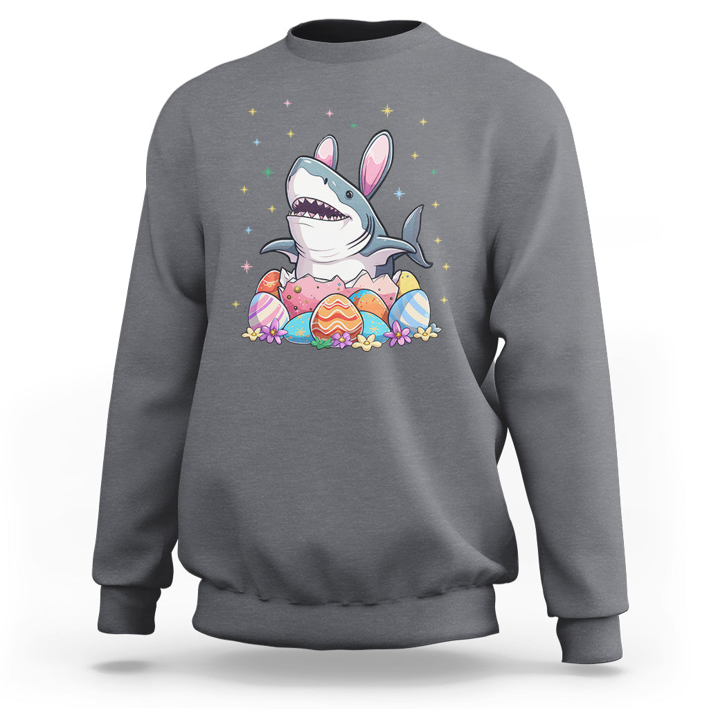 Charcoal gray crewneck sweatshirt with cute shark-and-bunny Easter egg graphic on chest.