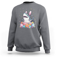 Charcoal gray crewneck sweatshirt with cute shark-and-bunny Easter egg graphic on chest.