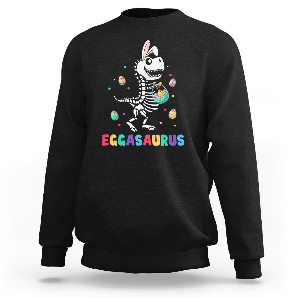 Black Easter dinosaur graphic sweatshirt with bunny eggasaurus illustration on front