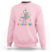 Light pink Easter dinosaur graphic sweatshirt with bunny eggasaurus illustration on front