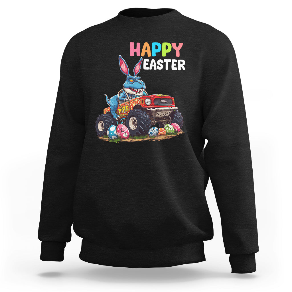 Black Easter sweatshirt with bunny riding monster truck graphic and “Happy Easter” text