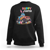 Black Easter sweatshirt with bunny riding monster truck graphic and “Happy Easter” text