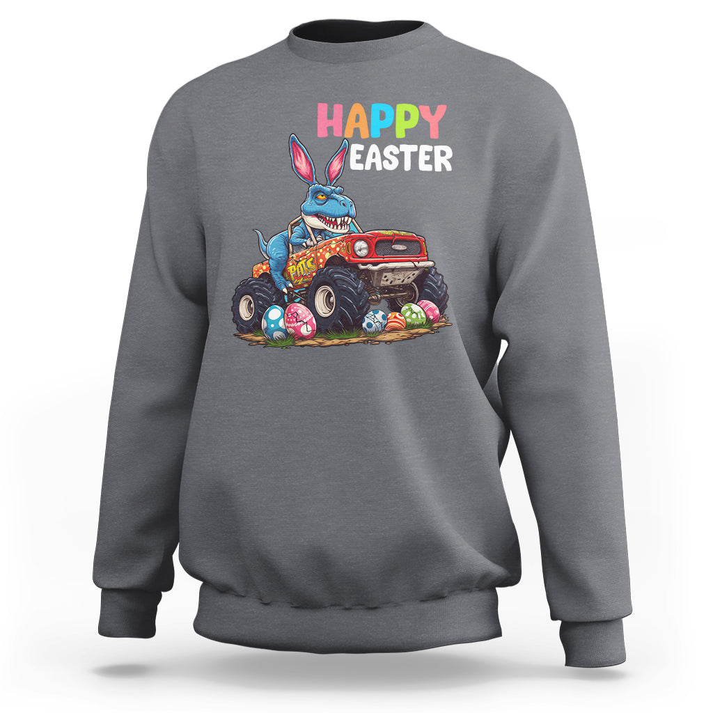 Charcoal Easter sweatshirt with bunny riding monster truck graphic and “Happy Easter” text