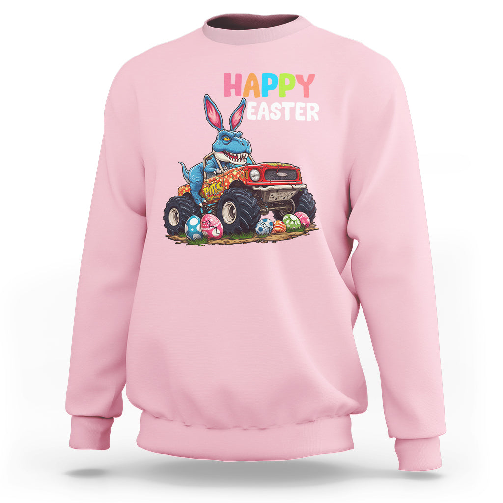 Light pink Easter sweatshirt with bunny riding monster truck graphic and “Happy Easter” text