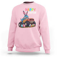 Light pink Easter sweatshirt with bunny riding monster truck graphic and “Happy Easter” text