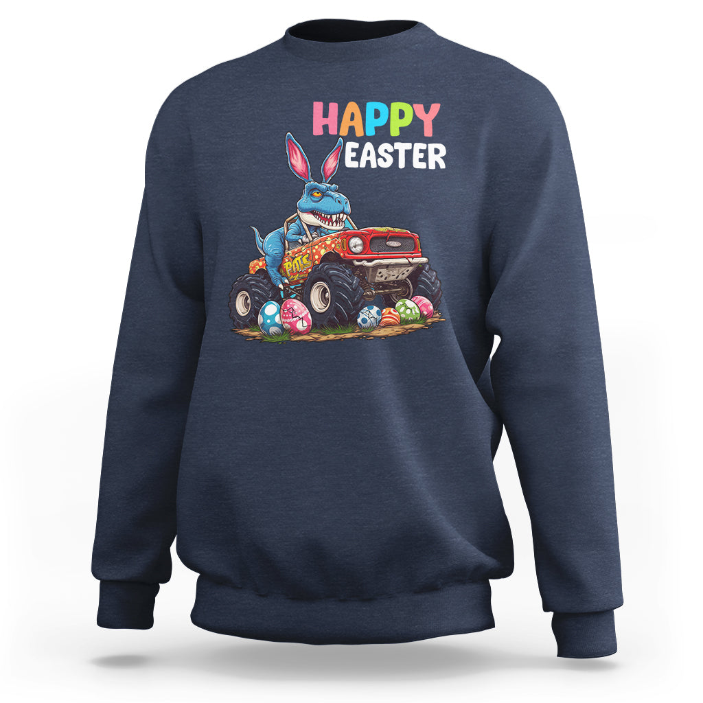 Navy Easter sweatshirt with bunny riding monster truck graphic and “Happy Easter” text