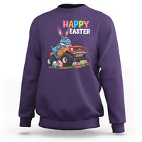Purple Easter sweatshirt with bunny riding monster truck graphic and “Happy Easter” text