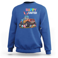 Royal blue Easter sweatshirt with bunny riding monster truck graphic and “Happy Easter” text