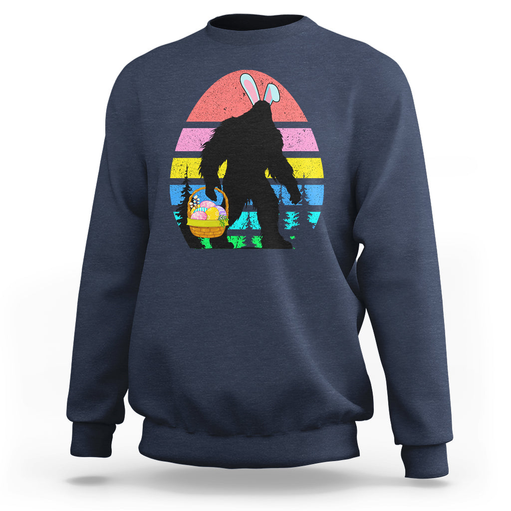 Navy crewneck sweatshirt with Bigfoot bunny Easter egg graphic on the front