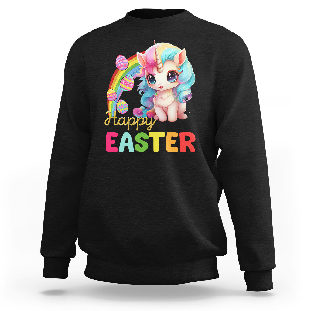 Black Easter sweatshirt with cute unicorn bunny graphic and “Happy EASTER” text