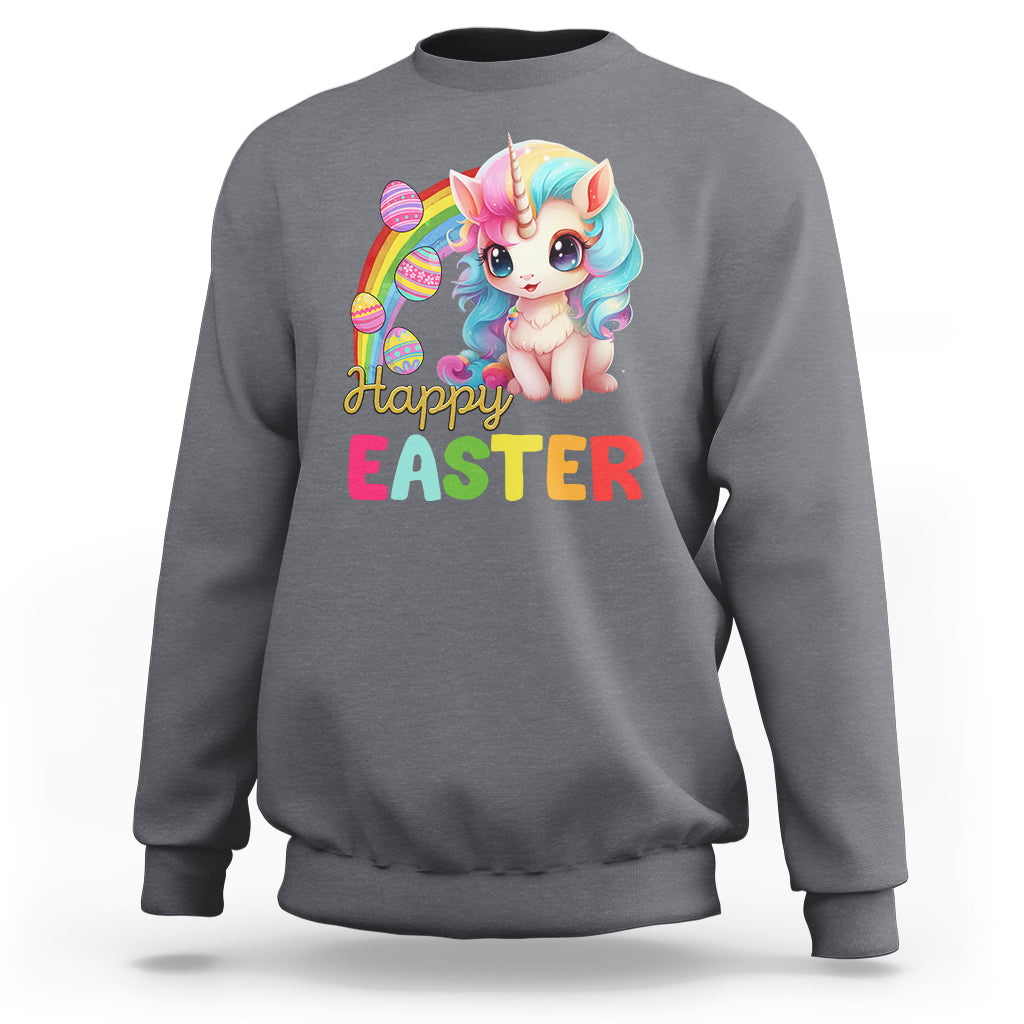 Charcoal gray Easter sweatshirt with unicorn bunny egg graphic and “Happy EASTER” text