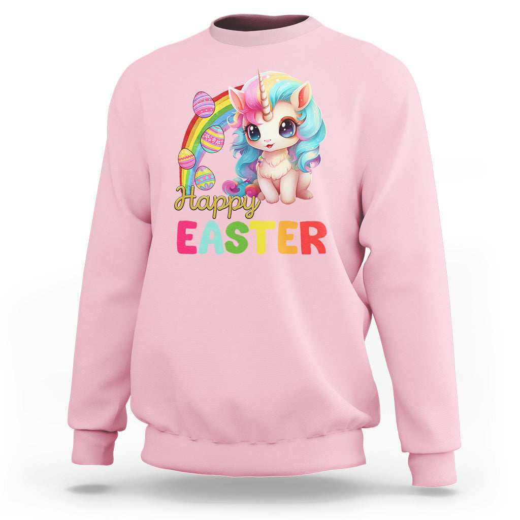 Light pink Easter sweatshirt with unicorn bunny egg graphic and “Happy EASTER” text