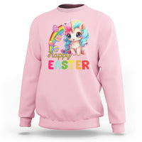 Light pink Easter sweatshirt with unicorn bunny egg graphic and “Happy EASTER” text
