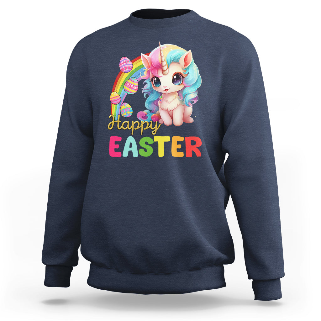 Navy Easter sweatshirt with rainbow unicorn bunny egg graphic and “Happy EASTER” text