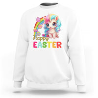 White Easter sweatshirt with unicorn bunny egg graphic and “Happy EASTER” text