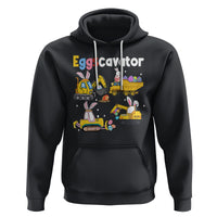 Black toddler hoodie with front graphic of construction truck and Easter eggs, hood & pocket