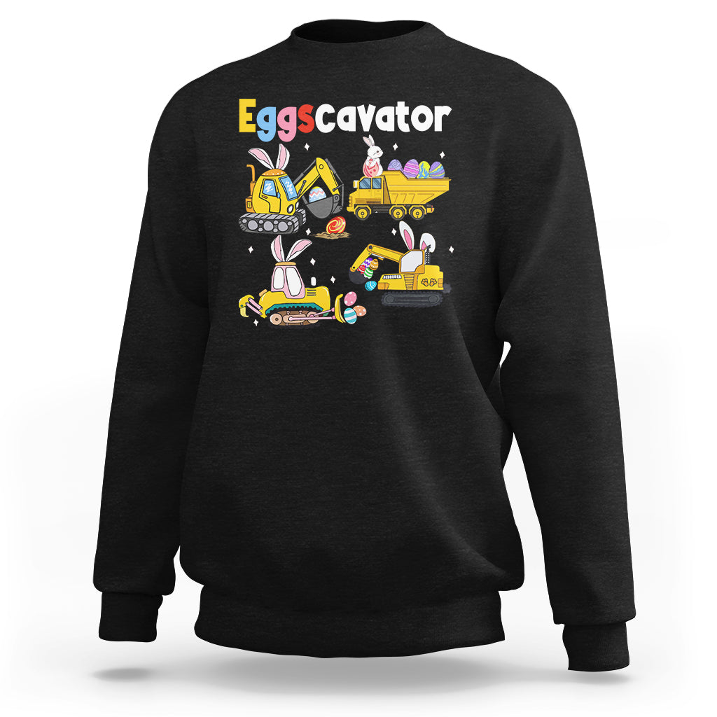 Black toddler sweatshirt with Eggscavator graphic of bunnies and construction trucks