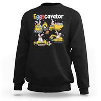 Black toddler sweatshirt with Eggscavator graphic of bunnies and construction trucks
