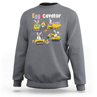 Charcoal gray toddler sweatshirt with Eggscavator graphic of bunnies and construction trucks