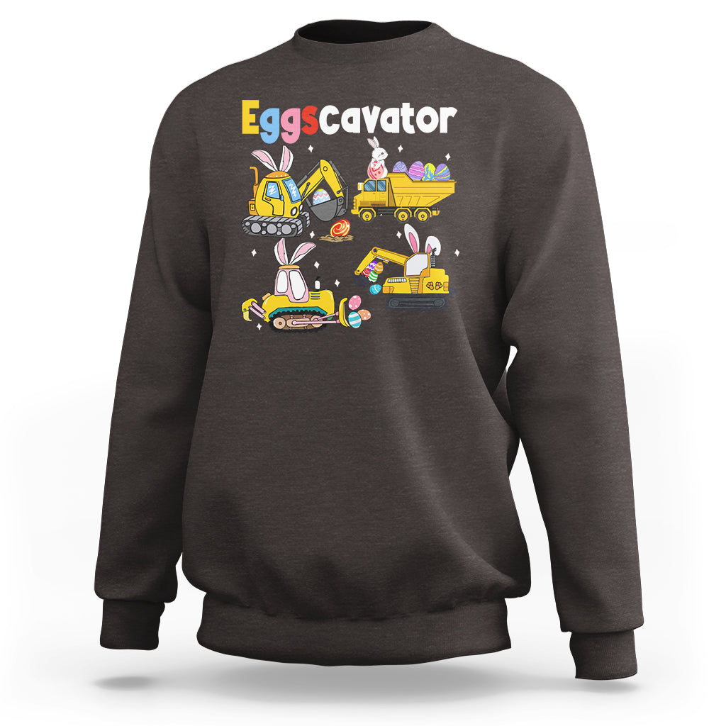 Dark chocolate toddler sweatshirt with Eggscavator graphic of bunnies and construction trucks