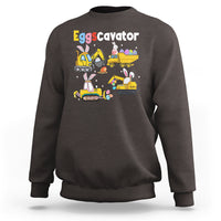 Dark chocolate toddler sweatshirt with Eggscavator graphic of bunnies and construction trucks