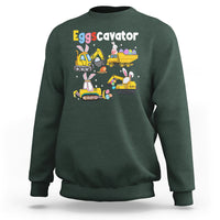 Dark forest green toddler sweatshirt with Eggscavator graphic of bunnies and construction trucks