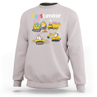 Ice gray toddler sweatshirt with Eggscavator graphic of bunnies and construction trucks