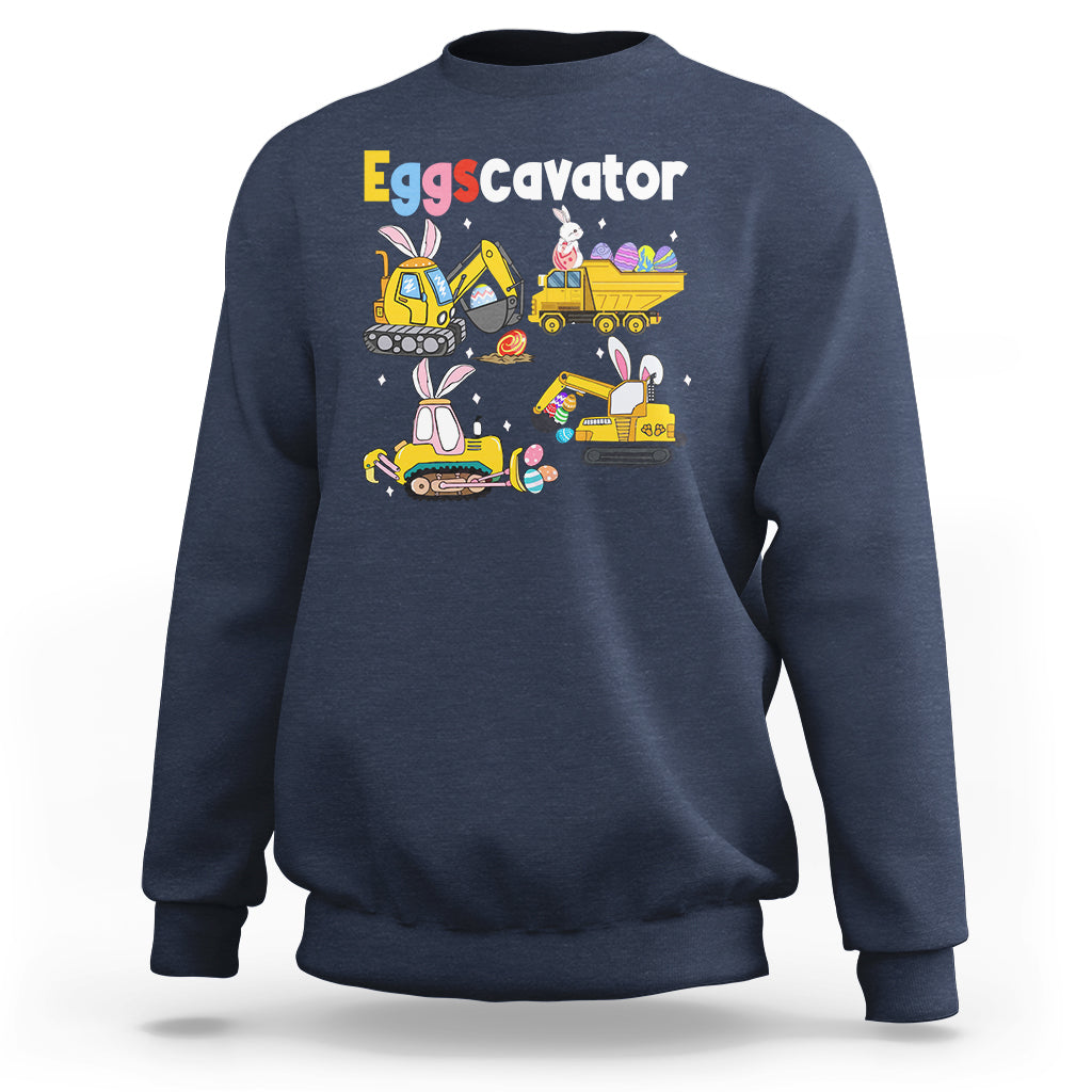 Navy toddler sweatshirt with Eggscavator graphic of bunnies and construction trucks