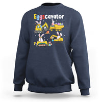 Navy toddler sweatshirt with Eggscavator graphic of bunnies and construction trucks