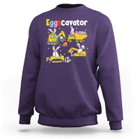 Purple toddler sweatshirt with Eggscavator graphic of bunnies and construction trucks