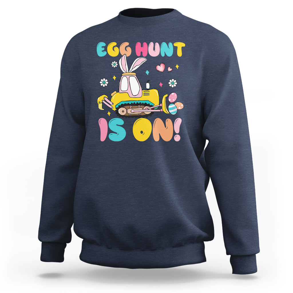 Navy Easter egg hunt sweatshirt with bunny tractor graphic and colorful text