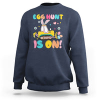 Navy Easter egg hunt sweatshirt with bunny tractor graphic and colorful text