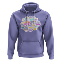Lavender pullover hoodie with multicolor greeting text graphic