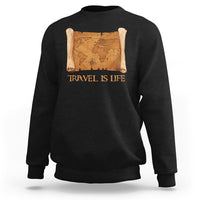 Black crewneck sweatshirt with vintage world map scroll graphic and “Travel is Life” text