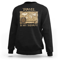Black travel-themed sweatshirt with vintage world map and compass graphic, front view