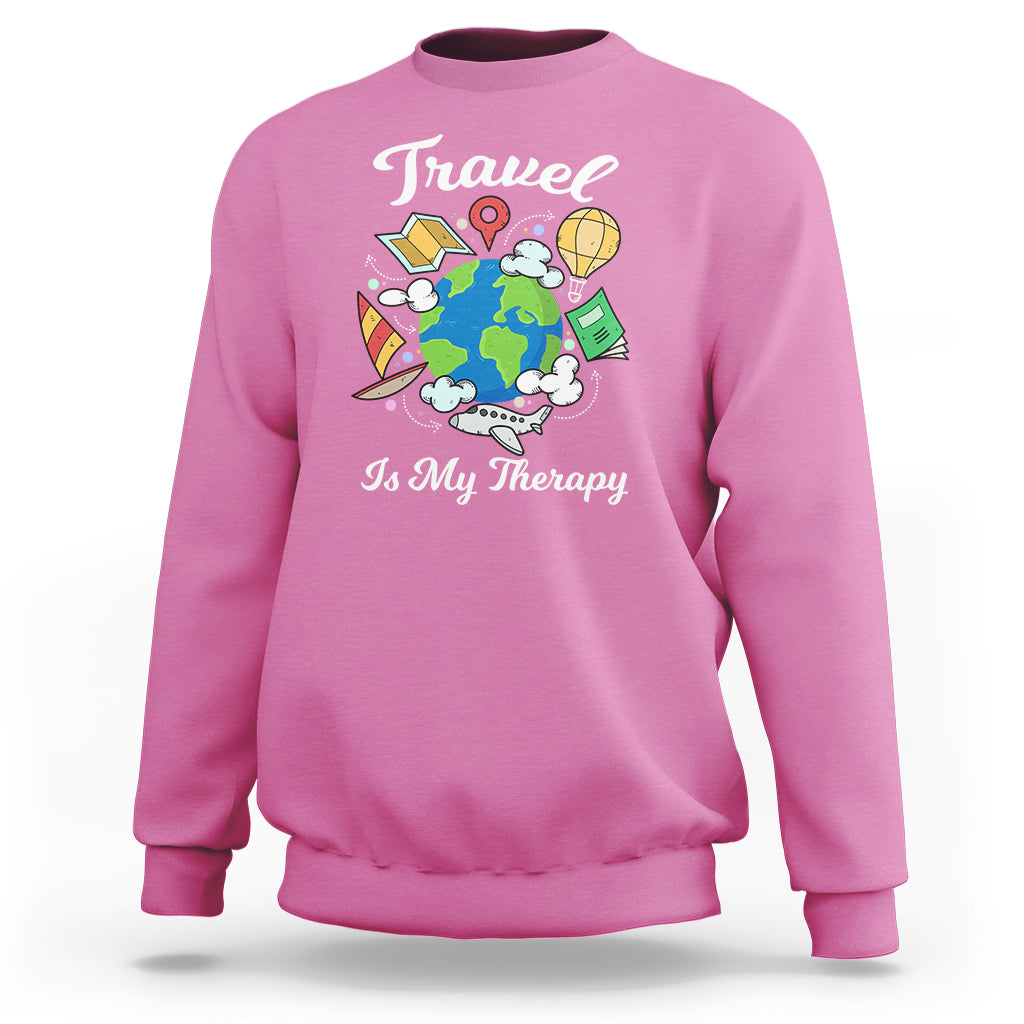 Azalea pink crewneck sweatshirt with globe graphic and 'Is My Therapy' wording.